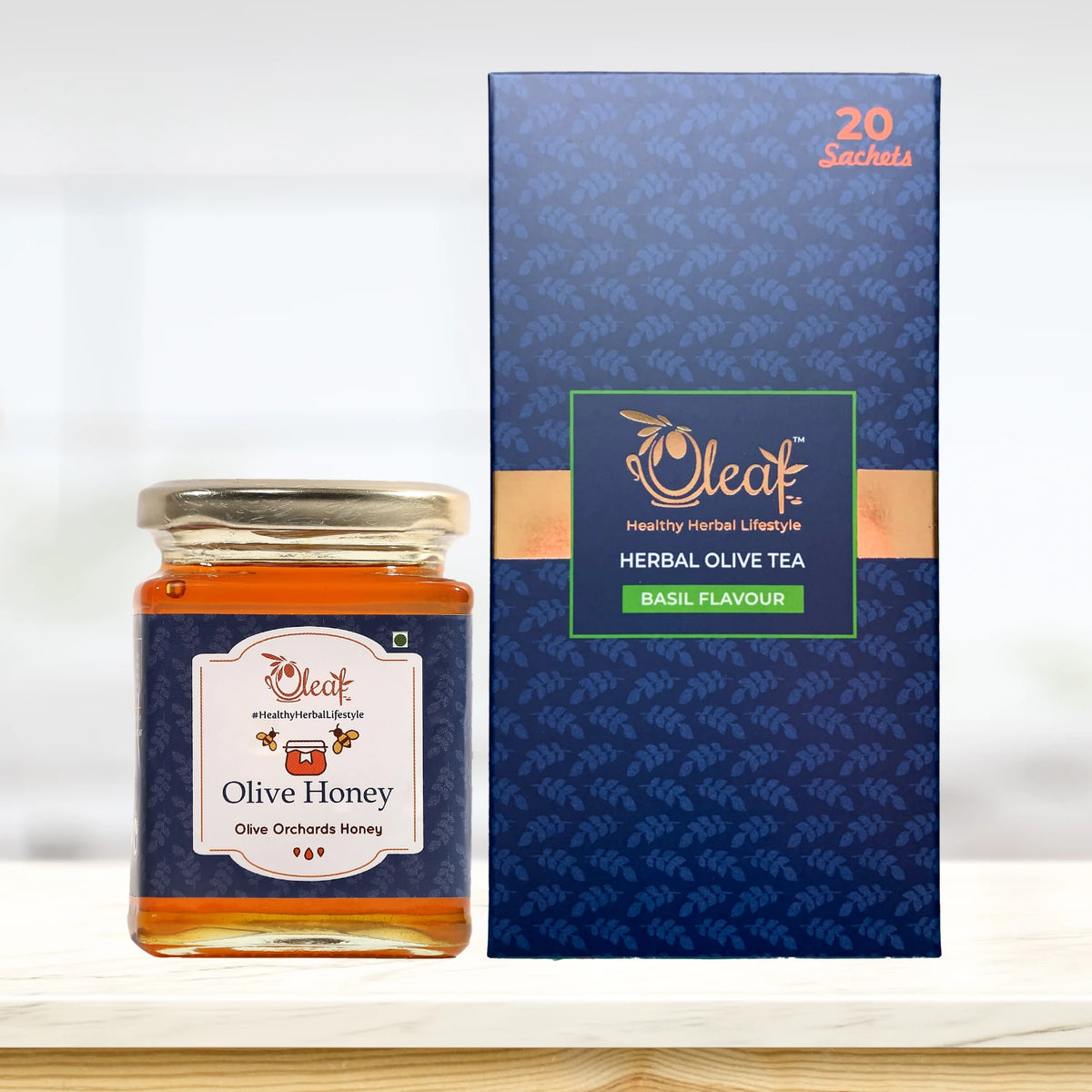 Oleaf Basil Teabags (20 teabags) & 350 Gms Olive Honey Combo