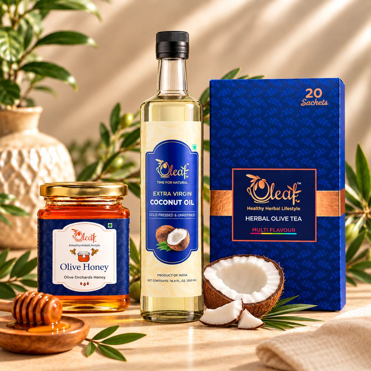 Olive Honey + Assorted Olive Leaf Tea + Cold Pressed Coconut Oil Combo