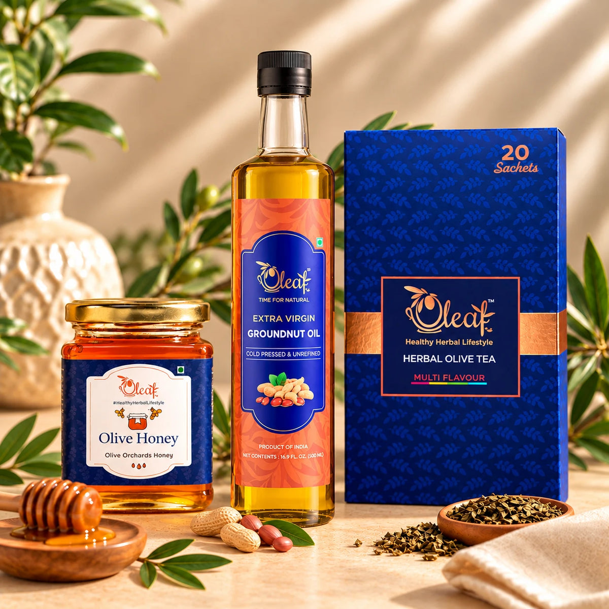 Olive Honey + Assorted Olive Leaf Tea + Cold Pressed Groundnut Oil Combo