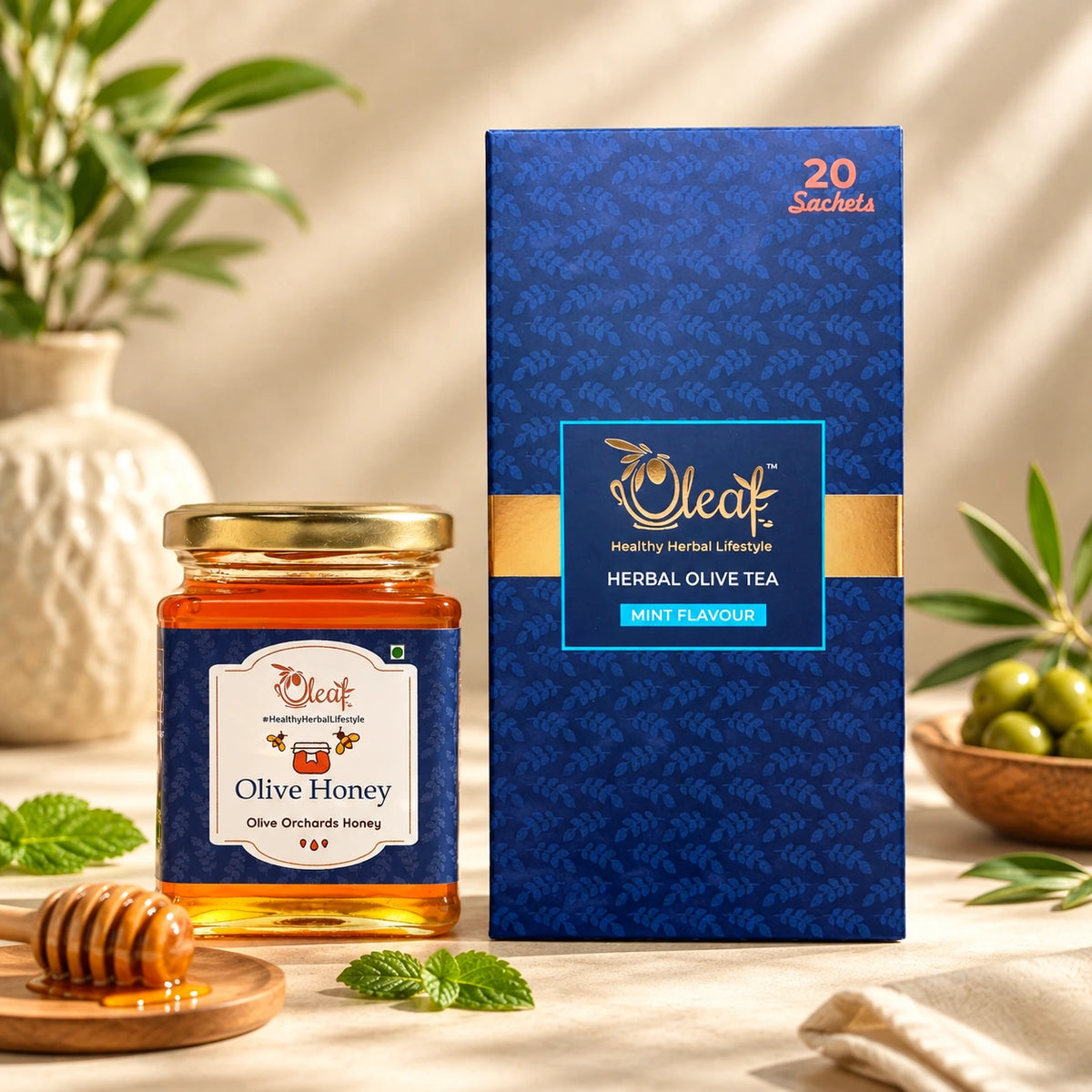 Oleaf Mint Teabags (20 teabags) & 350 Gms Olive Honey Combo